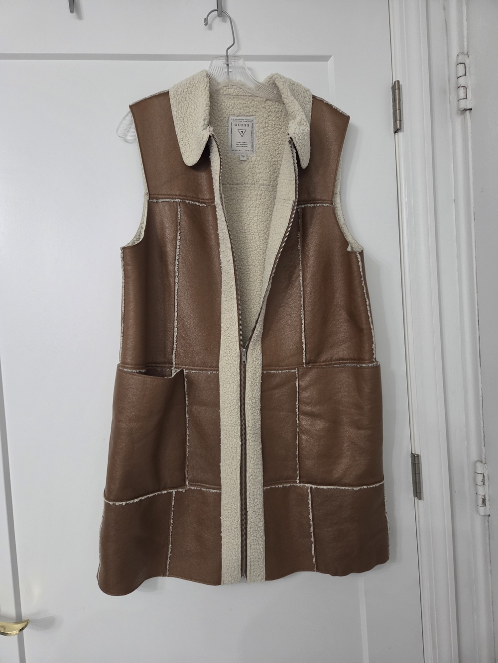 Guess Brown Faux-Leather Shearling-Lined Sleeveless Coat